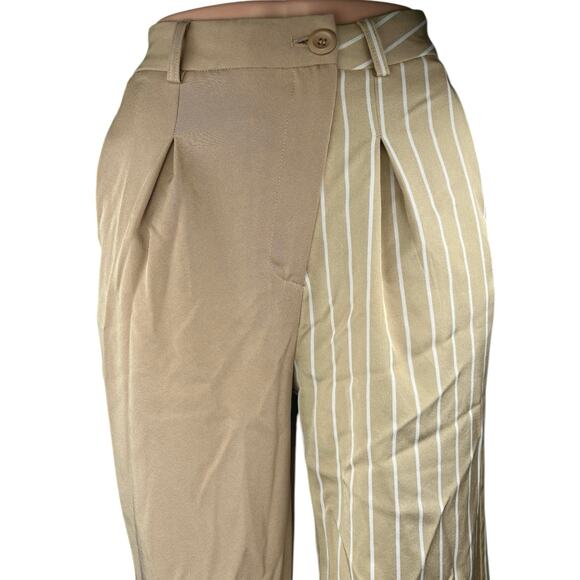 PrettyLittleThing Tan Khaki Beige Striped Patchwork Trouser Dress Pants Size 2 - Picture 4 of 6